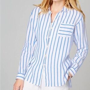 J. Jill Love Linen Striped Button Down Shirt 100% Striped Blue‎ White size MP